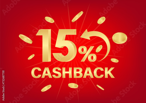 Cash Back or Money Refund. 15% Cash Back Offer for Discount. Online Shopping Concept. Vector Illustration. 