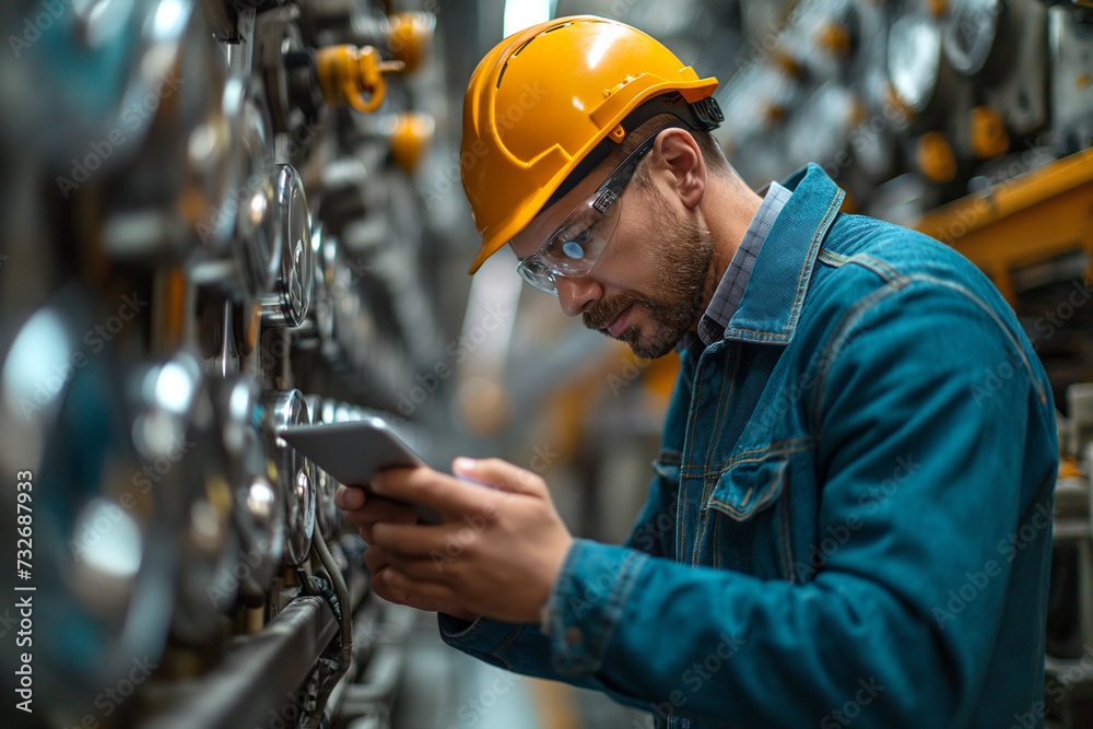 Young male engineer with digital tablet examining machinery equipment in factory. Young male engineer with digital tablet examining machinery equipment in factory.