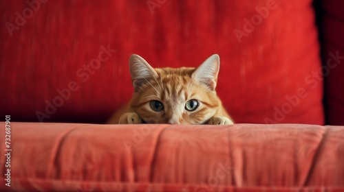 red cat on a red sofa © Katsyarina