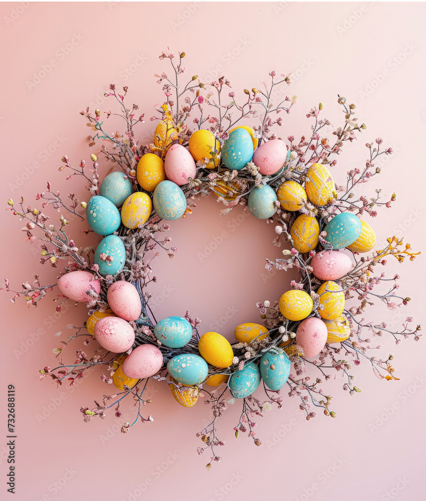 Spring Easter decorative creative concept, round wreath of painted Easter eggs and fresh meadow flowers. Festive lovely family atmosphere. Spring Easter decorative creative concept, round wreath of painted Easter eggs and fresh meadow flowers. Festive lovely family atmosphere.