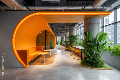 Contemporary office lounge with curvilinear orange seating, suitable for architectural and interior design promotions photo