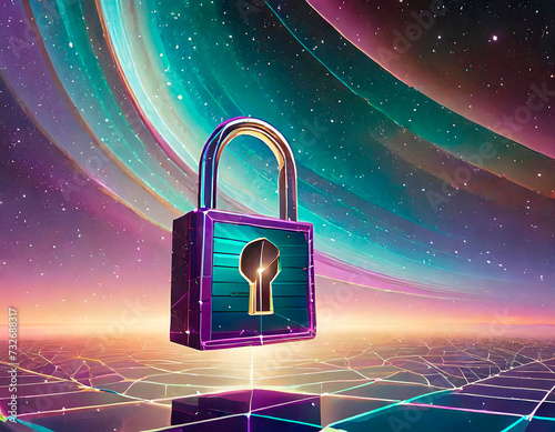 An artistic and surreal scene in which a padlocks float in a colorful and weightless space. Importance of protecting our digital lives with strong passwords. Identity theft. World Password Day.