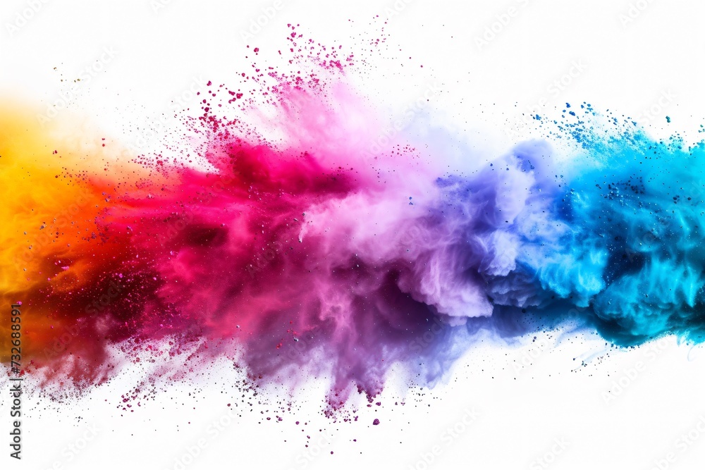 Colorful smoke explosion on white background. Festival of the color, Phagwah, Holi. Happy holiday concept. Creative design for banner, poster
