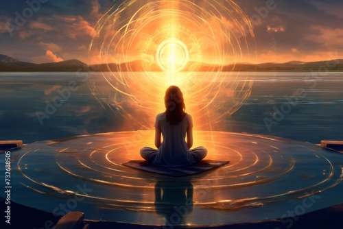 woman meditation with magic sunrise