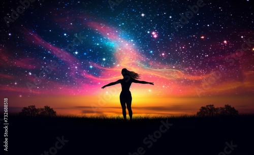 woman practicing yoga on an open field with galaxy sky.