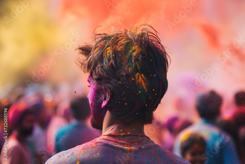 Man at Holi festival with colorful paints. Festival of the color, Phagwah. Happy holiday concept. Creative design for banner, poster 