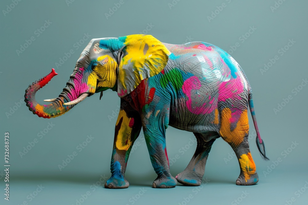 Obraz premium Elephant with colorful paints on gray background. Festival of the color, Phagwah, Holi. Happy holiday concept. Design for banner, poster