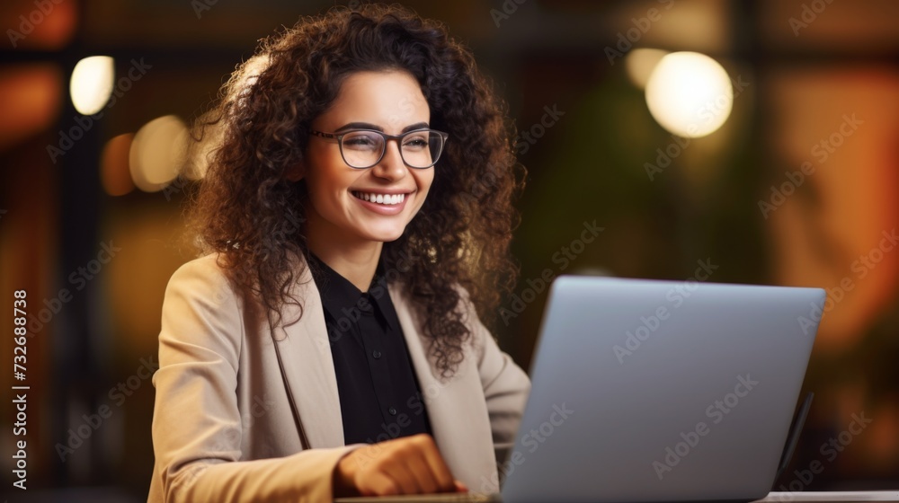 Happy business woman using laptop sitting at desk , studying online, having virtual call meeting remote working. Happy business woman using laptop sitting at desk , studying online, having virtual call meeting remote working.