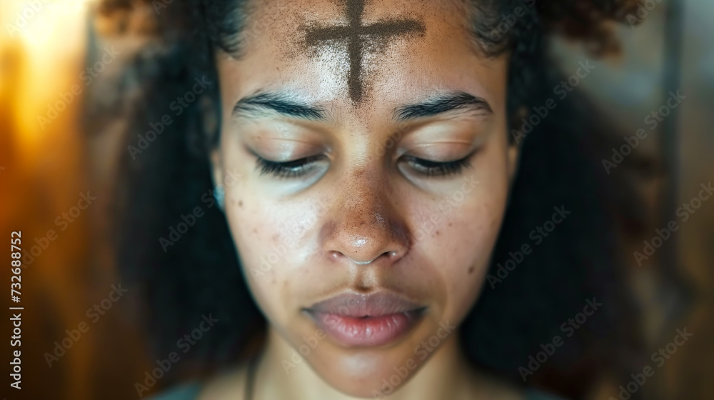 Humble woman with an ashen cross on her forehead in temple. Ash wednesday - obrazy, fototapety, plakaty 