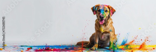 Cute dog with colorful paints on gray background. Festival of the color, Phagwah, Holi. Happy holiday concept. Design for banner, header with copy space