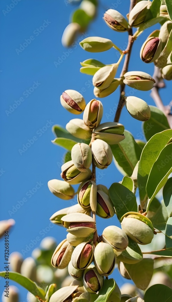 Daylight Delicacy Fully Grown Pistachios on a Tree with Blue Sky Backdrop Daylight Delicacy Fully Grown Pistachios on a Tree with Blue Sky Backdrop