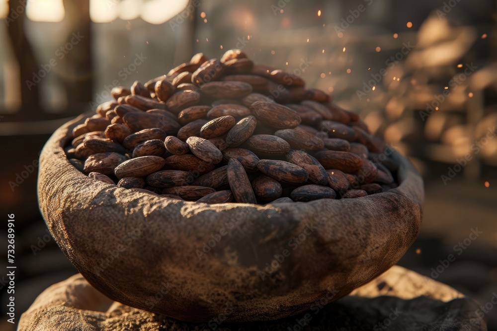 Lots of cocoa beans in baskets Lots of cocoa beans in baskets