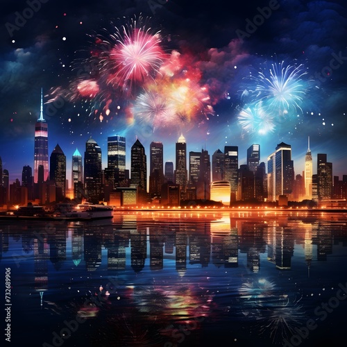 city skyline illuminated by a dazzling fireworks display © wizXart
