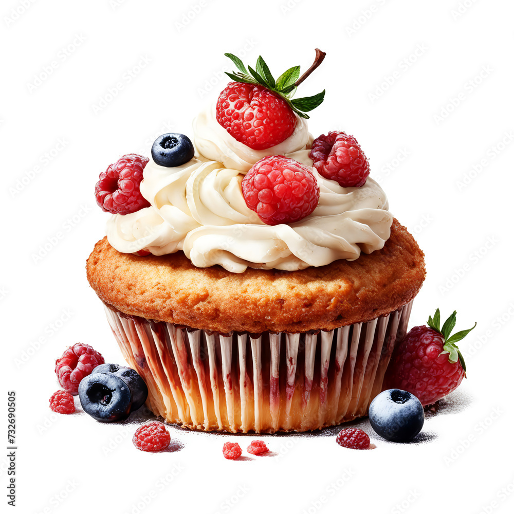 cupcake with cream and berries, sweet dessert, pastries. artificial intelligence generator, AI, neural network image. background for the design.