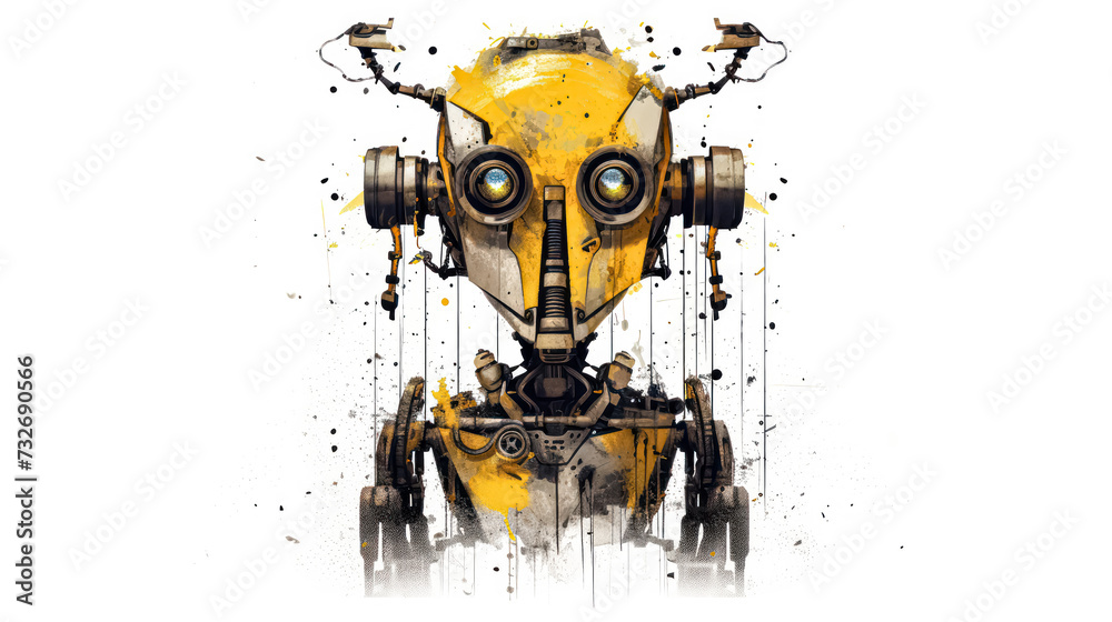 A whimsical watercolor sketch of a robot with yellow gray lines A whimsical watercolor sketch of a robot with yellow gray lines