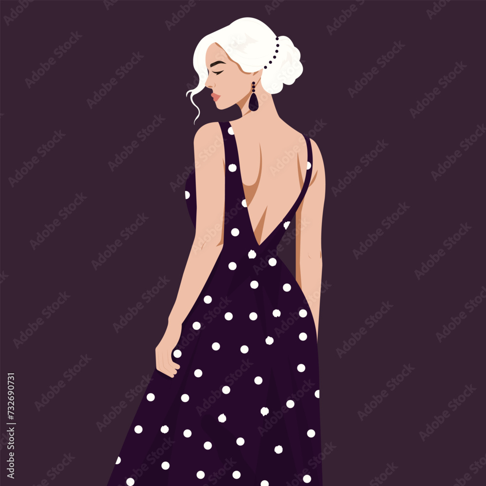 Vector flat fashion illustration of a beautiful sexy woman in an elegant backless dress with polka dot print. Back view.
Vector flat fashion illustration of a beautiful sexy woman in an elegant backless dress with polka dot print. Back view.