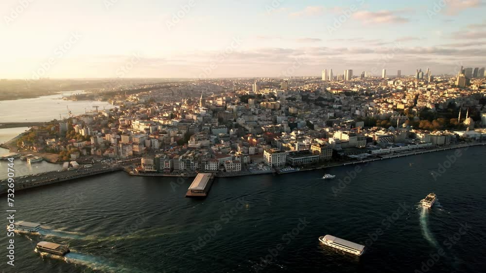 Aerial drone view of Istanbul at sunset, Turkey. Multiple residential buildings around the Galata tower, Golden Horn waterway, Bosphorus Aerial drone view of Istanbul at sunset, Turkey. Multiple residential buildings around the Galata tower, Golden Horn waterway, Bosphorus