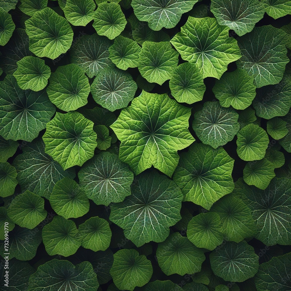 Background of green leaves of pumpkin taken during the day - obrazy, fototapety, plakaty 