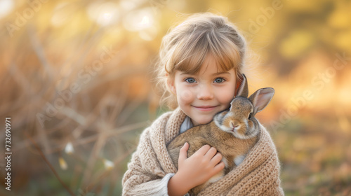 A child holding a bunny against a backdrop of spring vegetation, with a happy expression, celebrating the festive Easter holiday. Ai generative © ImageFlow