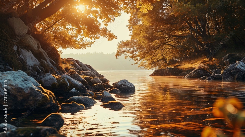 The image features a serene river scene at what appears to be sunrise ...