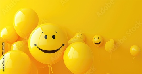Yellow balloons with smiles drawn on a yellow background, yellow day concept photo