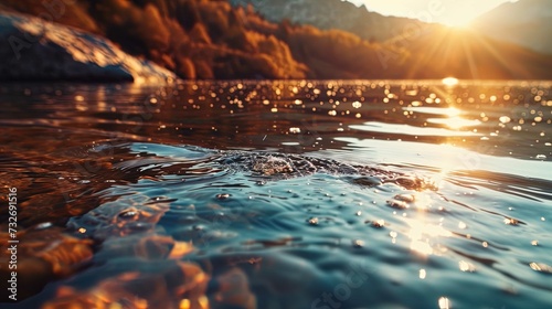 The image shows a close-up of a serene body of water at sunset. The sun is low in the sky, casting a warm golden light that illuminates the gentle ripples and droplets scattered across the surface of 