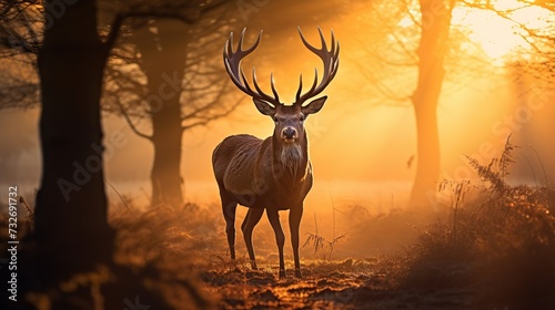 Deer in nature, Morning Sun background. © vanzerim