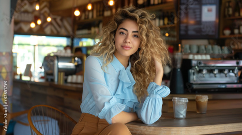A young woman with curly hair smiling at the camera, holding a smartphone in a café.