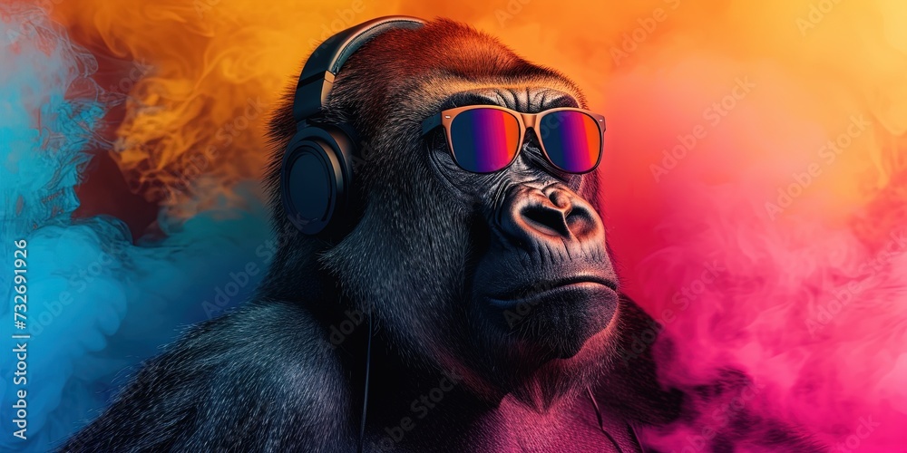 Gorilla wearing sunglasses and headphones on colorful background for summer music and podcasting concept