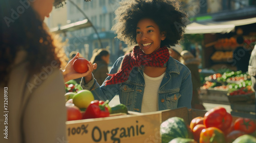 person is selecting a ripe tomato from a crate labeled "100% Organic" at an outdoor farmers market.