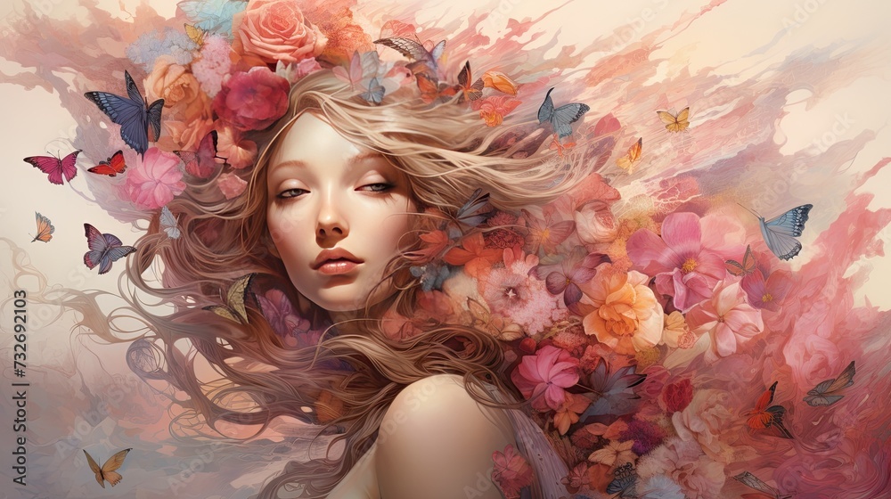 Spring concept, young girl on background with floral edges, realistic watercolor style, pink blue,