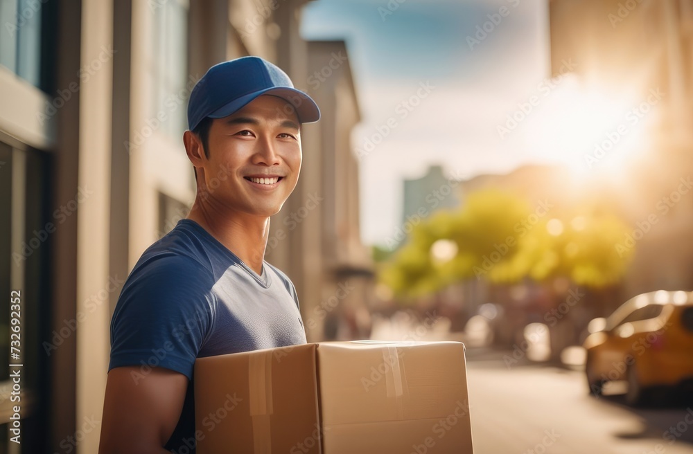Smiling asian delivery man in blue cap holding a cardboard box on city street background Smiling asian delivery man in blue cap holding a cardboard box on city street background