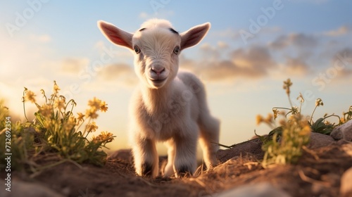 the innocence of a baby goat exploring its surroundings, the playful antics and gentle curiosity captured in a heartwarming moment