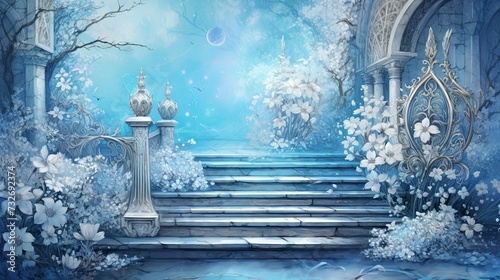 Fantasy painting of a luxury garden, matt azure blue grunge background with shiny silver metallic baroque decorations, photo