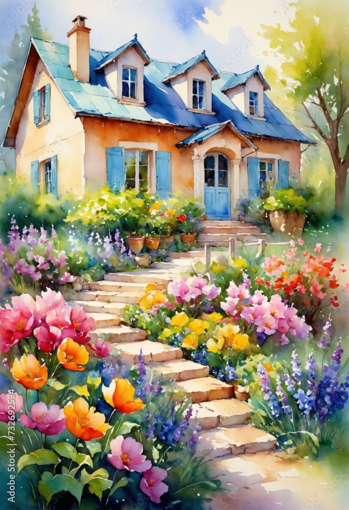 Naklejka premium A vivid watercolor painting of a picturesque villa surrounded by a lush, blooming garden, creating a serene and inviting atmosphere.