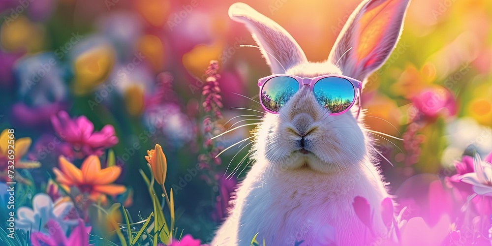 Easter bunny wearing sunglasses on colorful spring background - holiday concept with copy space