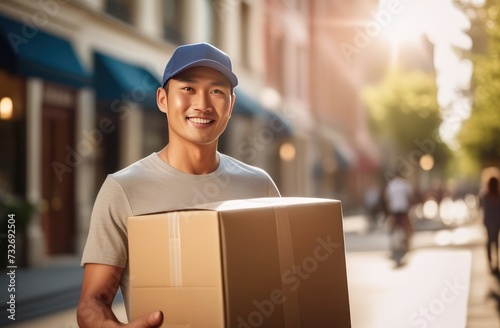 Smiling asian delivery man in blue cap holding a cardboard box on city street background