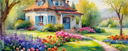A vivid watercolor painting of a picturesque villa surrounded by a lush, blooming garden, creating a serene and inviting atmosphere.