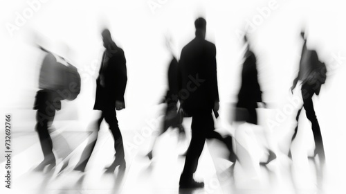 Walking people blurred silhouettes on a white background. Motion outlines of a persons out of focus
