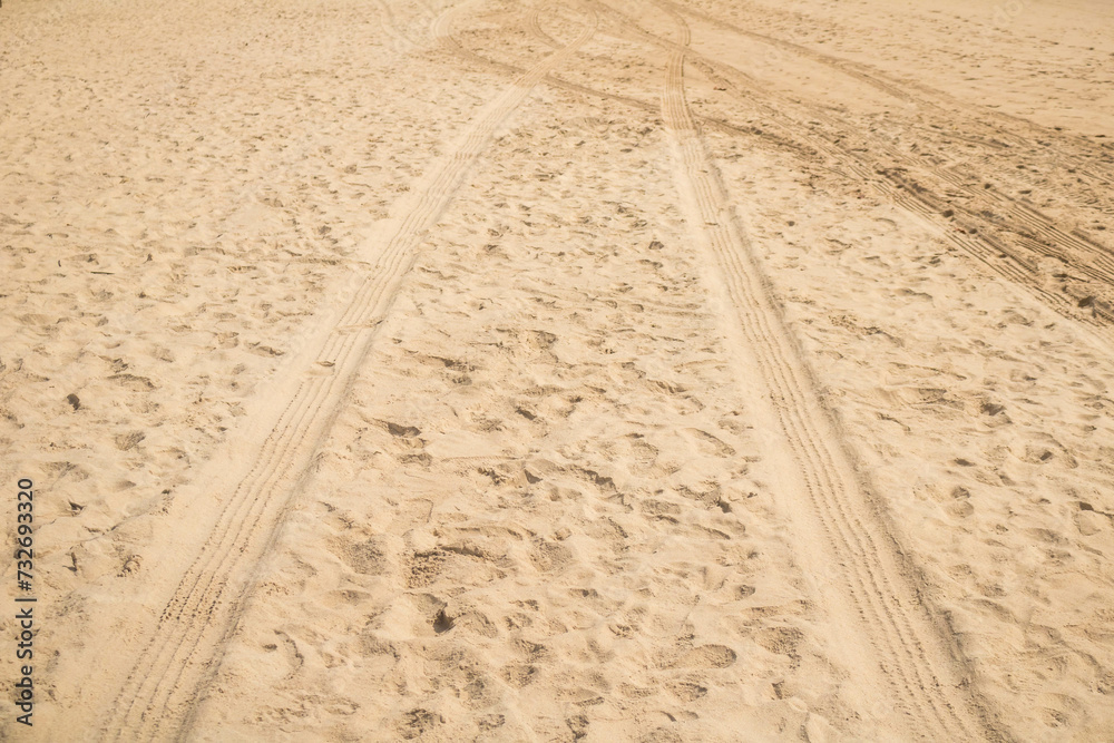 
Trail of pickup truck and bug on a beach in northeastern Brazil between Alagoas and Pernambuco, beautiful images on the white sand