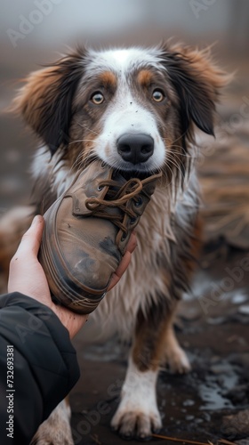 Funny humor photograph of a playful dog with a worn shoe in its mouth, 9:16 vertical format illustration, the shoe is dirty and the pet muddy, a winter or autumn day walk in nature, playing together