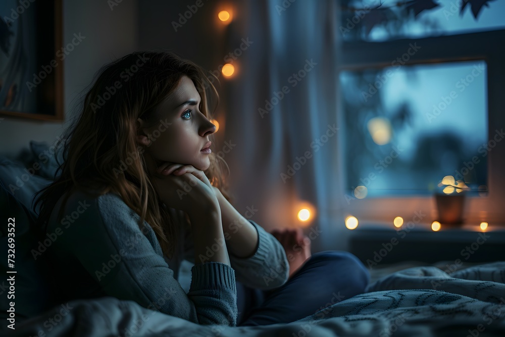Young depressed woman sitting in bed at night. Depression and mental health concept. Young depressed woman sitting in bed at night. Depression and mental health concept.