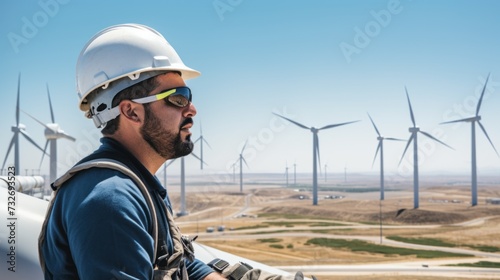 ?oseup of a professional technician for the installation and maintenance of wind energy systems, wearing a uniform and helmet, looks at wind turbines against the background of a bare sky, copy space photo