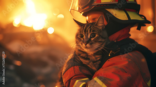 A firefighter securely cradles a rescued cat in their arms, providing a safe haven from the raging flames in the backdrop photo