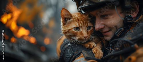 A caring firefighter gently holds a rescued orange tabby cat, providing comfort against a backdrop of flames and destruction