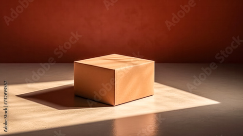 An empty cardboard box casting a shadow with a window cutout