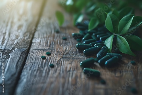 Capsules with green leaves on wooden table. Nature background. Spirulina capsules. Copy space