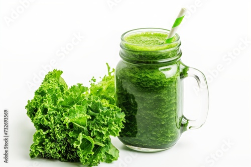 Green detox smoothie in a jar surrounded by kale isolated on a white background