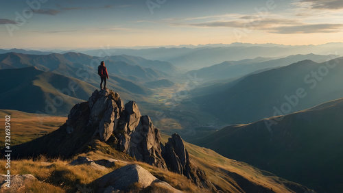 A lone hiker gazing at the majestic mountain sunset, enjoying the scenic beauty and freedom of nature's awe-inspiring landscape on his idyllic summer adventure. © SMURFFYx