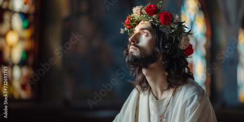 Photorealistic portrait of Jesus Christ with a flower crown on his head in a church. Banner with space for text